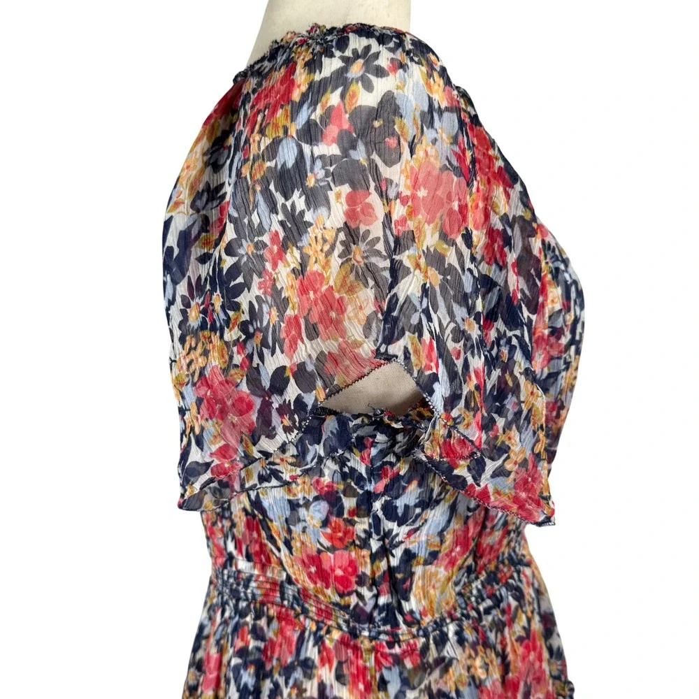 Sundance Floral Cupro Midi Dress Blue Red‎ Smocked Waist Short Sleeve Womens L